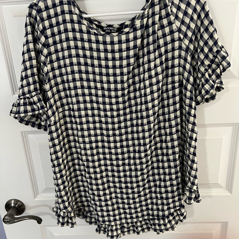 BloomChic Navy and Cream Checkered Blouse